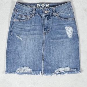 distressed High-Waisted Denim Mini Skirt